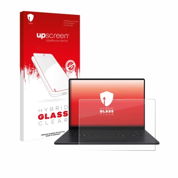 Parte frontal de un envase de producto con el logotipo de la marca upscreen. Al lado se muestra el dispositivo ASUS ProArt P16