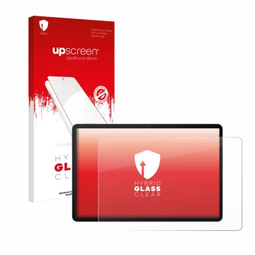 Parte frontal de un envase de producto con el logotipo de la marca upscreen. Al lado se muestra el dispositivo Huawei MatePad 