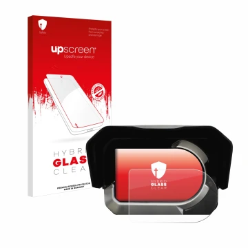 Parte frontal de un envase de producto con el logotipo de la marca upscreen. Al lado se muestra el dispositivo Kymco CV3 con s