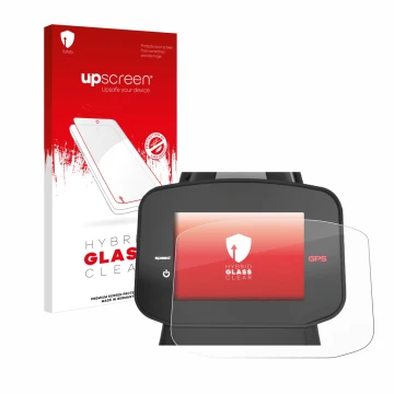 Parte frontal de un envase de producto con el logotipo de la marca upscreen. Al lado se muestra el dispositivo PowaKaddy FX7 G