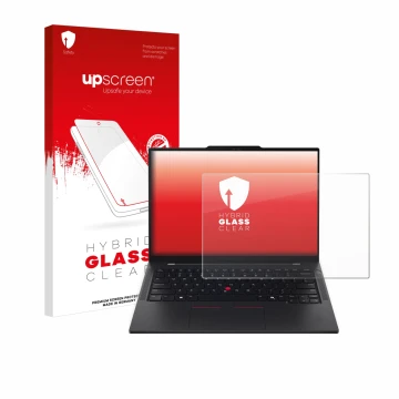Parte frontal de un envase de producto con el logotipo de la marca upscreen. Al lado se muestra el dispositivo Lenovo ThinkPad