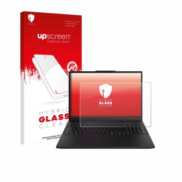 Parte frontal de un envase de producto con el logotipo de la marca upscreen. Al lado se muestra el dispositivo Lenovo ThinkPad