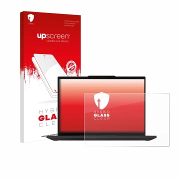 Parte frontal de un envase de producto con el logotipo de la marca upscreen. Al lado se muestra el dispositivo Lenovo ThinkPad