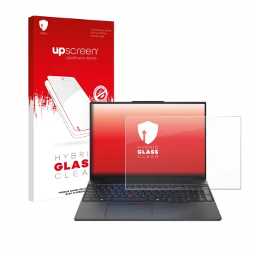 Parte frontal de un envase de producto con el logotipo de la marca upscreen. Al lado se muestra el dispositivo Lenovo ThinkPad