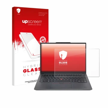 Parte frontal de un envase de producto con el logotipo de la marca upscreen. Al lado se muestra el dispositivo Lenovo ThinkPad