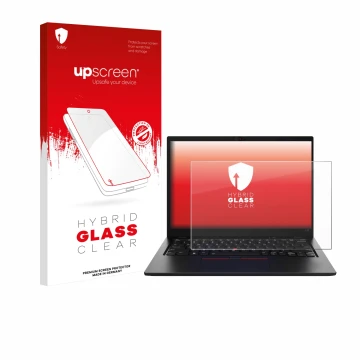 Parte frontal de un envase de producto con el logotipo de la marca upscreen. Al lado se muestra el dispositivo Lenovo ThinkPad