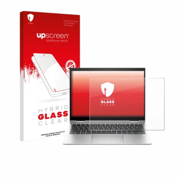 Parte frontal de un envase de producto con el logotipo de la marca upscreen. Al lado se muestra el dispositivo HP Elite x360 8