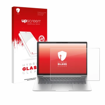 Parte frontal de un envase de producto con el logotipo de la marca upscreen. Al lado se muestra el dispositivo HP EliteBook 64