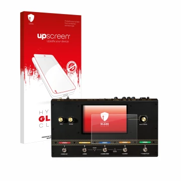 Parte frontal de un envase de producto con el logotipo de la marca upscreen. Al lado se muestra el dispositivo Headrush Core c