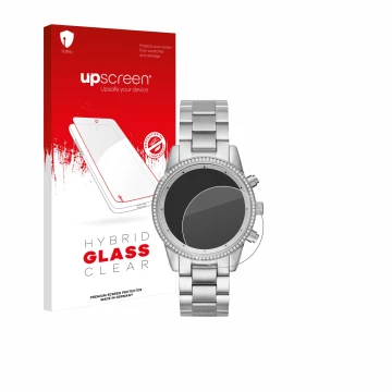 Parte frontal de un envase de producto con el logotipo de la marca upscreen. Al lado se muestra el dispositivo Michael Kors Ri