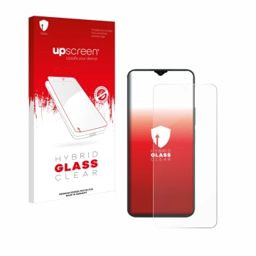 Parte frontal de un envase de producto con el logotipo de la marca upscreen. Al lado se muestra el dispositivo Honor X6b con s