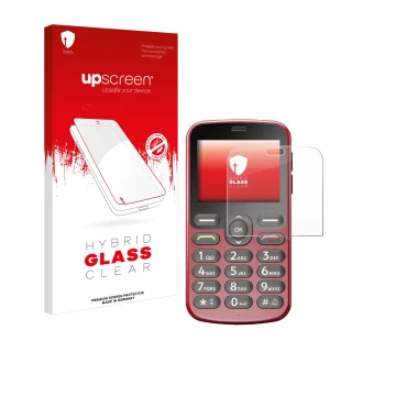 Parte frontal de un envase de producto con el logotipo de la marca upscreen. Al lado se muestra el dispositivo Doro 1880 con s