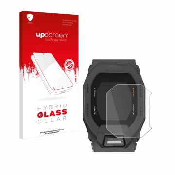 Parte frontal de un envase de producto con el logotipo de la marca upscreen. Al lado se muestra el dispositivo Casio G-Shock G