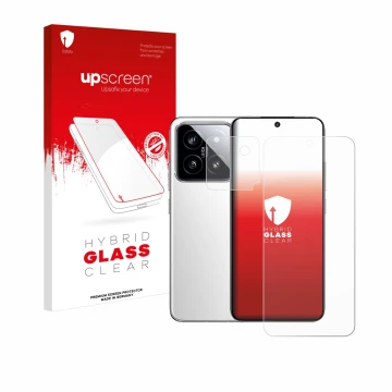 Parte frontal de un envase de producto con el logotipo de la marca upscreen. Al lado se muestra el dispositivo Xiaomi 14 (Fron