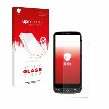 Parte frontal de un envase de producto con el logotipo de la marca upscreen. Al lado se muestra el dispositivo SPC Zeus 4G Pro