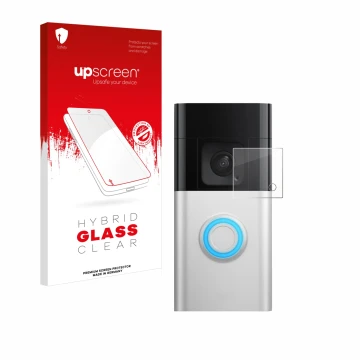 Parte frontal de un envase de producto con el logotipo de la marca upscreen. Al lado se muestra el dispositivo Ring Battery Vi
