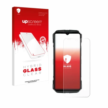 Parte frontal de un envase de producto con el logotipo de la marca upscreen. Al lado se muestra el dispositivo Doogee S118 con