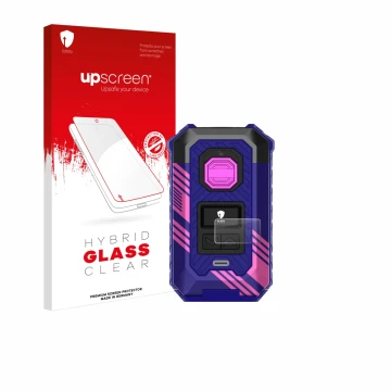 Parte frontal de un envase de producto con el logotipo de la marca upscreen. Al lado se muestra el dispositivo Vaporesso Armou