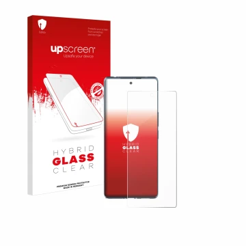 Parte frontal de un envase de producto con el logotipo de la marca upscreen. Al lado se muestra el dispositivo HTC U24 Pro con