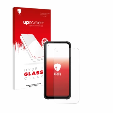 Parte frontal de un envase de producto con el logotipo de la marca upscreen. Al lado se muestra el dispositivo Hammer Blade V 