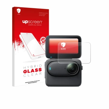 Parte frontal de un envase de producto con el logotipo de la marca upscreen. Al lado se muestra el dispositivo Insta360 Go 3S 