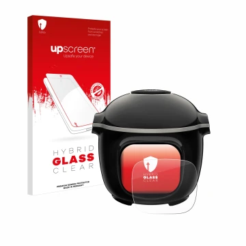 Parte frontal de un envase de producto con el logotipo de la marca upscreen. Al lado se muestra el dispositivo Moulinex Cookeo