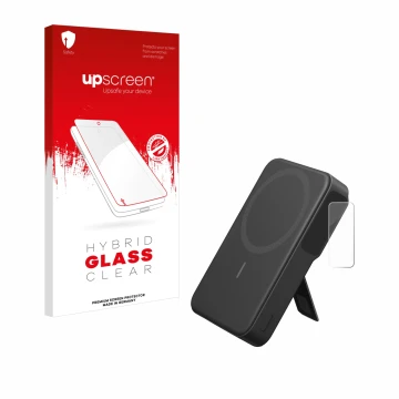 Parte frontal de un envase de producto con el logotipo de la marca upscreen. Al lado se muestra el dispositivo Anker MagGo con