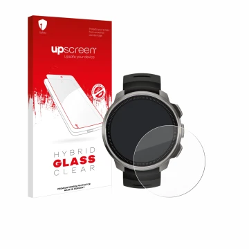 Parte frontal de un envase de producto con el logotipo de la marca upscreen. Al lado se muestra el dispositivo Suunto Ocean co