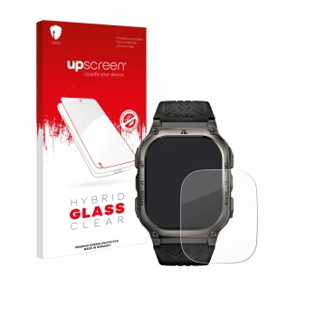 Parte frontal de un envase de producto con el logotipo de la marca upscreen. Al lado se muestra el dispositivo Kospet Tank M3 
