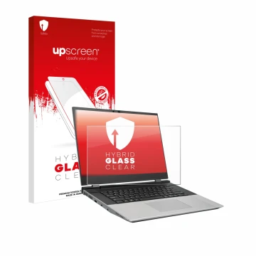 Parte frontal de un envase de producto con el logotipo de la marca upscreen. Al lado se muestra el dispositivo Framework Lapto