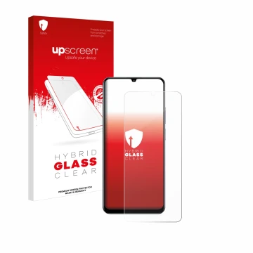 Parte frontal de un envase de producto con el logotipo de la marca upscreen. Al lado se muestra el dispositivo realme C61 con 