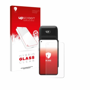 Parte frontal de un envase de producto con el logotipo de la marca upscreen. Al lado se muestra el dispositivo Verifone T650c 