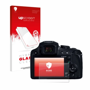 Parte frontal de un envase de producto con el logotipo de la marca upscreen. Al lado se muestra el dispositivo Panasonic Lumix