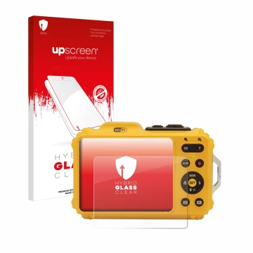 Parte frontal de un envase de producto con el logotipo de la marca upscreen. Al lado se muestra el dispositivo Kodak Pixpro WP