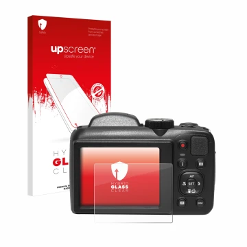 Parte frontal de un envase de producto con el logotipo de la marca upscreen. Al lado se muestra el dispositivo Kodak Pixpro AZ