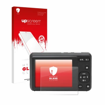 Parte frontal de un envase de producto con el logotipo de la marca upscreen. Al lado se muestra el dispositivo Kodak Pixpro FZ