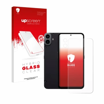 Parte frontal de un envase de producto con el logotipo de la marca upscreen. Al lado se muestra el dispositivo Nothing CMF Pho