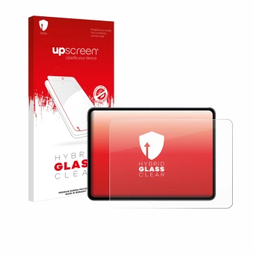 Parte frontal de un envase de producto con el logotipo de la marca upscreen. Al lado se muestra el dispositivo OnePlus Pad 2 c