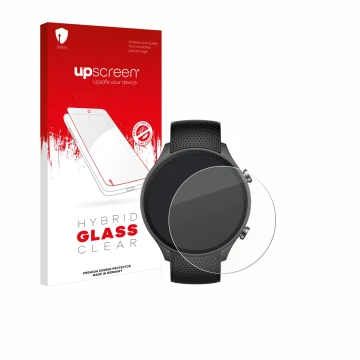 Parte frontal de un envase de producto con el logotipo de la marca upscreen. Al lado se muestra el dispositivo OnePlus watch 2