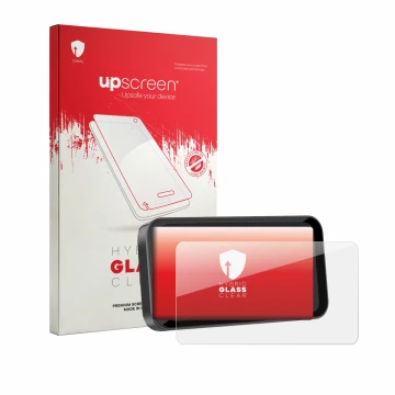 Parte frontal de un envase de producto con el logotipo de la marca upscreen. Al lado se muestra el dispositivo Carpuride W603 