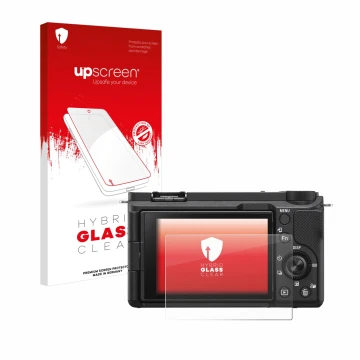 Parte frontal de un envase de producto con el logotipo de la marca upscreen. Al lado se muestra el dispositivo Sony Alpha ZV-E