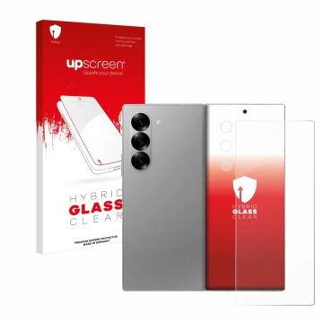 Parte frontal de un envase de producto con el logotipo de la marca upscreen. Al lado se muestra el dispositivo Samsung Galaxy 