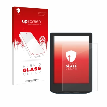 Parte frontal de un envase de producto con el logotipo de la marca upscreen. Al lado se muestra el dispositivo PocketBook Vers