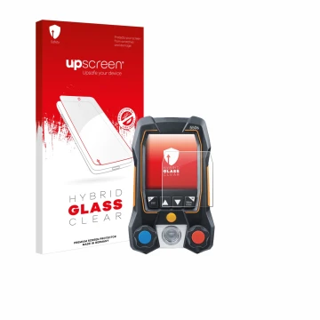 Parte frontal de un envase de producto con el logotipo de la marca upscreen. Al lado se muestra el dispositivo Testo 550s con 