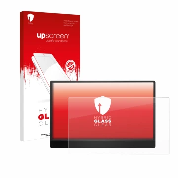 Parte frontal de un envase de producto con el logotipo de la marca upscreen. Al lado se muestra el dispositivo MSI Pro MP161 E