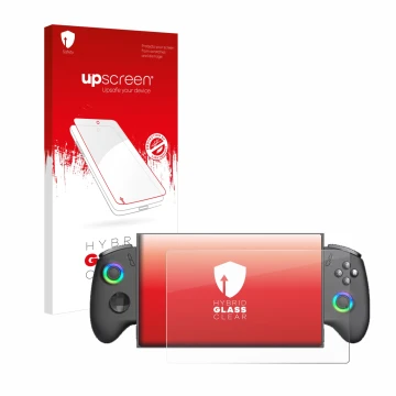 Parte frontal de un envase de producto con el logotipo de la marca upscreen. Al lado se muestra el dispositivo OneXPlayer X1 M