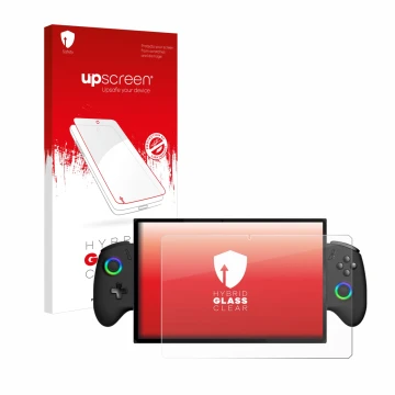 Parte frontal de un envase de producto con el logotipo de la marca upscreen. Al lado se muestra el dispositivo OneXPlayer X1 c