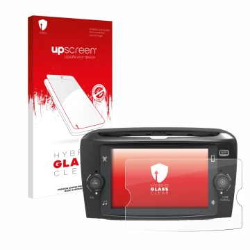 Parte frontal de un envase de producto con el logotipo de la marca upscreen. Al lado se muestra el dispositivo Lancia Ypsilon 