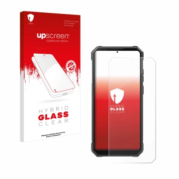Parte frontal de un envase de producto con el logotipo de la marca upscreen. Al lado se muestra el dispositivo Fossibot F105 c