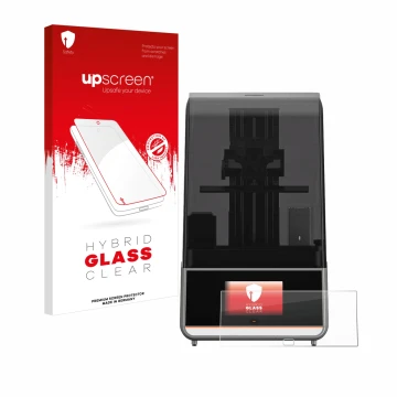 Parte frontal de un envase de producto con el logotipo de la marca upscreen. Al lado se muestra el dispositivo Anycubic Photon